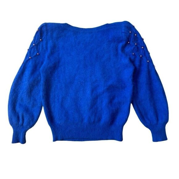 Vintage 80s Angora Sweater Women’s Med Fuzzy Blue Purple Pearl Embellished - Picture 2 of 14